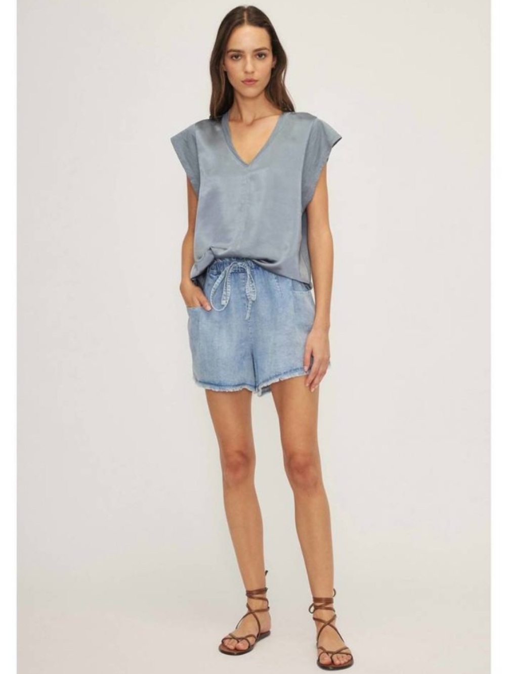 MELISSA NEPTON Dusty Blue V-Neck Cap Sleeve Top